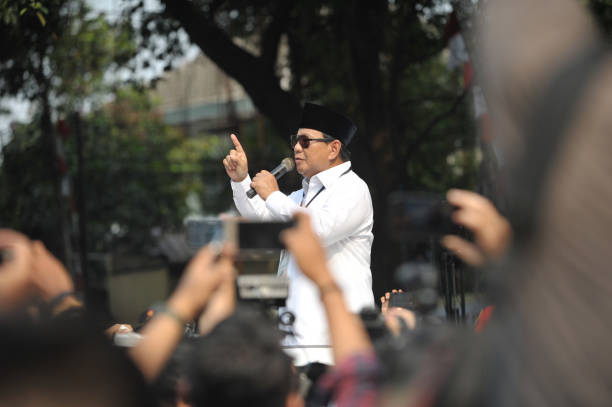 Indonesian Presidential candidate Prabowo Subianto met volunteers after register for the 2019 presidential election at the General Election...