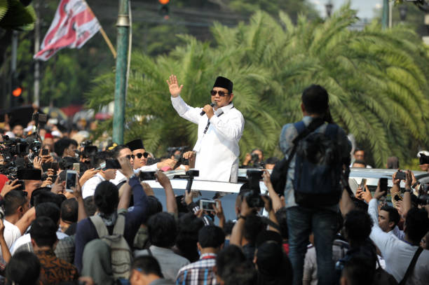 Indonesian Presidential candidate Prabowo Subianto met volunteers after register for the 2019 presidential election at the General Election...