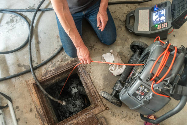 inspecting the damage on a home sewer pipe - sewer house - fotografias e filmes do acervo