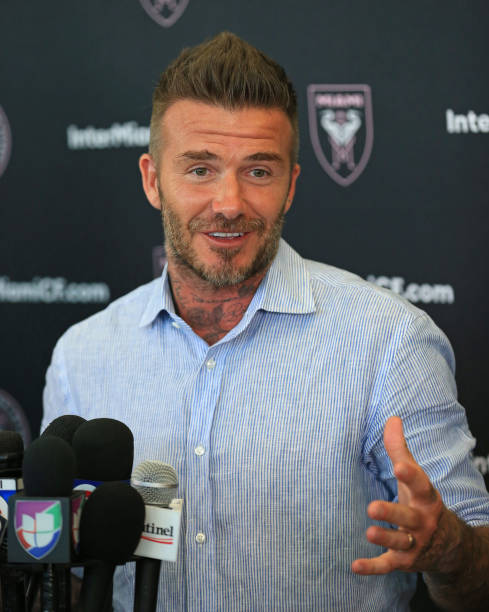 Inter Miami CF owner David Beckham talks to members of the media after the youth academy hold a scrimmage session at the Central Broward Park on Sunday, June 2, 2019.