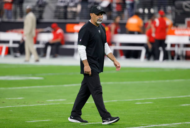 Interim head coach/special teams coordinator Rich Bisaccia of the Las Vegas Raiders walks on the field during warmups before a game against the...