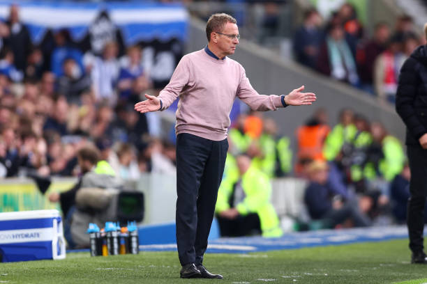Interim Manager Ralf Rangnick of Manchester United watches from the touchline during the Premier League match between Brighton & Hove Albion and...