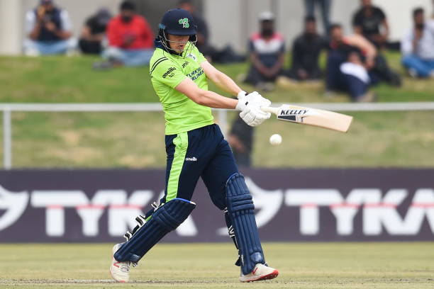 Ireland's Gareth Delany plays a shot during the third Twenty20 international cricket match between Afghanistan and Ireland in Greater Noida on March...