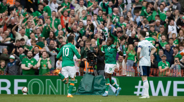 Ireland's Michael Obafemi celebrates making it 3-0 during a UEFA Nations League match between Ireland and Scotland at the Aviva Stadium, on June 11...