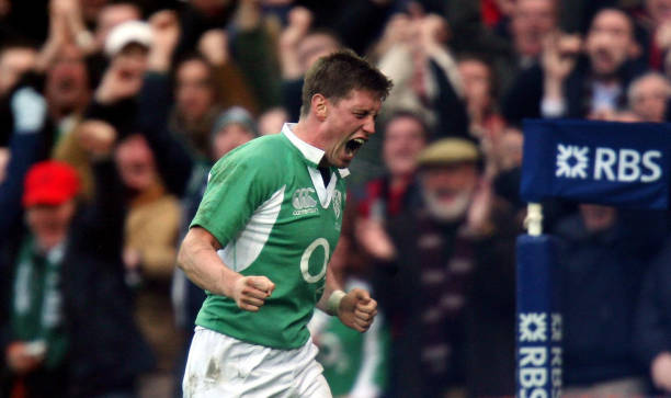 Ireland's Ronan O'Gara celebrates scoring their first try during the RBS 6 Nations match at Croke Park, Dublin. (Photo by David Davies - PA Images/PA Images via Getty Images)