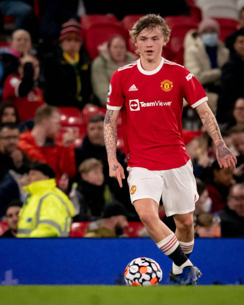 Isak Hansen-Aaroen of Manchester United U23s in action during the Premier League 2 match between Manchester United U23s and Everton 23s at Old...