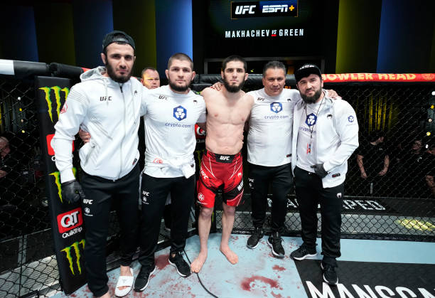 Islam Makhachev of Russia reacts after his victory over Bobby Green in their lightweight fight during the UFC Fight Night event at UFC APEX on...
