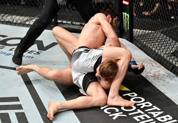 Islam Makhachev of Russia secures an arm lock submission against Dan Hooker of New Zealand in a lightweight fight during the UFC 267 event at Etihad...