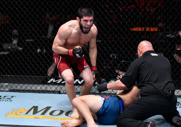 Islam Makhachev reacts after his submission victory over Drew Dober in their lightweight fight during the UFC 259 event at UFC APEX on March 06, 2021...