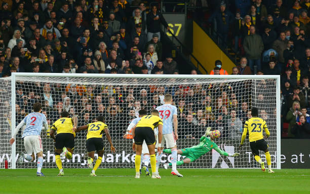 Ismaila Sarr of Watford FC has a penalty saved by David De Gea of Manchester United during the Premier League match between Watford and Manchester...