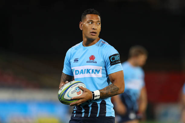 NEWCASTLE, AUSTRALIA - MARCH 29: Israel Folau of the Waratahs warms up during the round seven Super Rugby match between the Waratahs and the Sunwolves at McDonald Jones Stadium on March 29, 2019 in Newcastle, Australia. (Photo by Tony Feder/Getty Images)