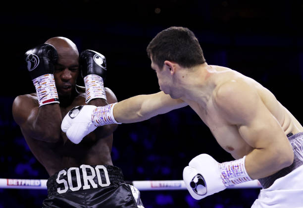 Israil Madrimow punches Michel Soro during the Super Middleweight fight between Israil Madrimow and Michel Soro during the Matchroom fight night at...
