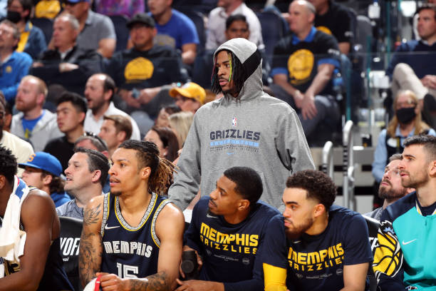Ja Morant of the Memphis Grizzlies looks on against the Golden State Warriors during Game 4 of the 2022 NBA Playoffs Western Conference Semifinals on...