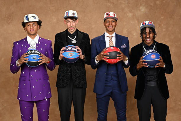 Jabari Smith, Paolo Banchero and Chet Holmgren pose for a portrait after being drafted during the 2022 NBA Draft on June 23, 2022 at Barclays Center...