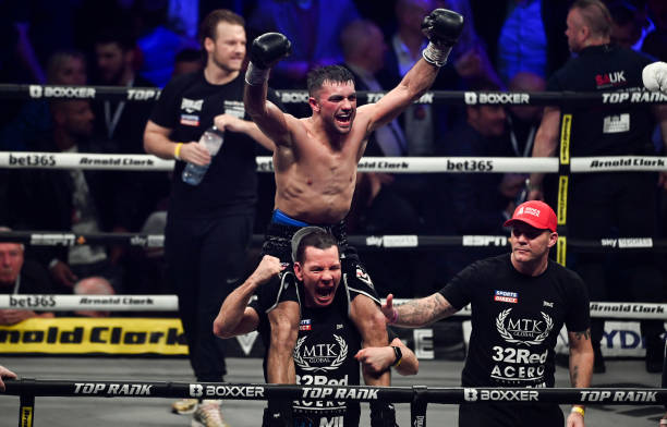Jack Catterall celebrates what he thinks is a victory at the end of the fight during the WBA, WBC, WBO & IBF world super-lightweight title fight at...