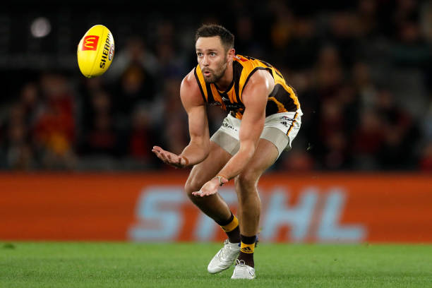 Jack Gunston of the Hawks marks the ball during the 2022 AFL Round 08 match between the Essendon Bombers and the Hawthorn Hawks at Marvel Stadium on...