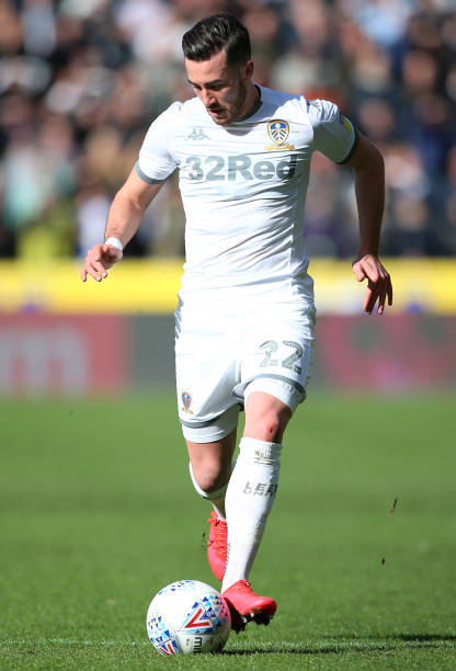 Jack Harrison of Leeds United runs with the ball during the Sky Bet Championship match between Hull City and Leeds United at KCOM Stadium on February...