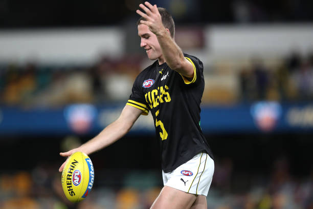 Jack Ross of the Tigers warms up before the round 10 AFL match between the Brisbane Lions and the Richmond Tigers at The Gabba on May 21, 2021 in...
