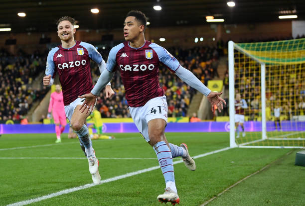 Jacob Ramsey of Aston Villa celebrates after scoring their side's first goal during the Premier League match between Norwich City and Aston Villa at...