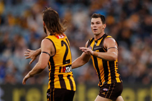 Jaeger O'Meara of the Hawks celebrates a goal during the 2022 AFL Round 05 match between the Hawthorn Hawks and the Geelong Cats at the Melbourne...