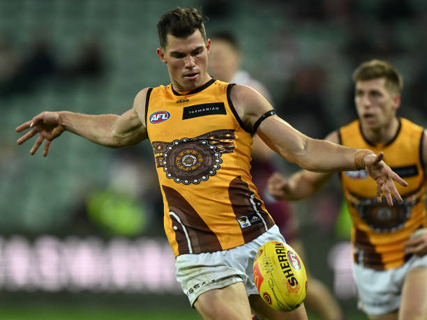 Jaeger O'Meara of the Hawks kicks the ball during the round 10 AFL match between the Hawthorn Hawks and the Brisbane Lions at University of Tasmania...