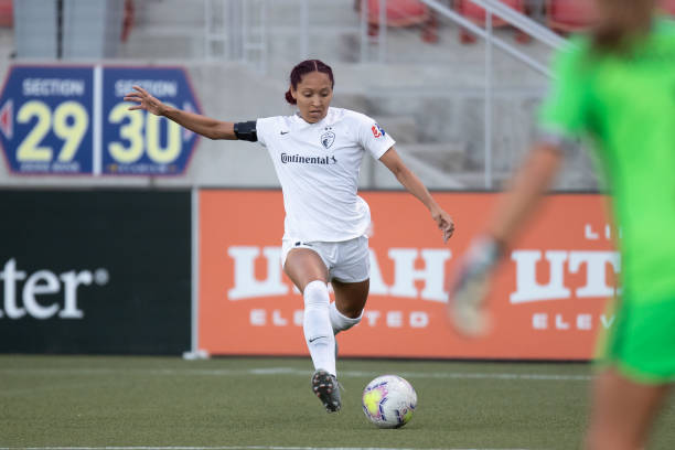 Jaelene Daniels of North Carolina Courage looks to pass the ball during a game between North Carolina Courage and Washington Spirit at Zions Bank...