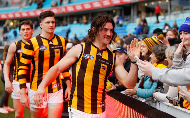 Jai Newcombe of the Hawks celebrates with fans during the 2022 AFL Round 19 match between the North Melbourne Kangaroos and the Hawthorn Hawks at...