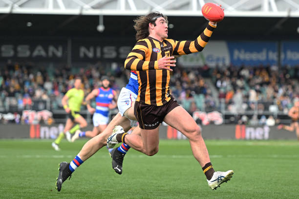 Jai Newcombe of the Hawks runs the ball during the round 23 AFL match between the Hawthorn Hawks and the Western Bulldogs at University of Tasmania...