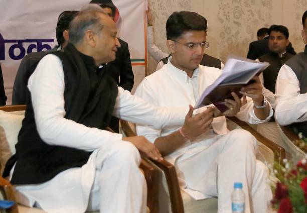 Jaipur, India-Dec 13, 2018: Rajasthan chief minister designate Ashok Gehlot and deputy chief minister designate Sachin Pilot at the CLP meeting, on...