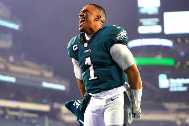 Jalen Hurts of the Philadelphia Eagles reacts after defeating the Washington Football Team at Lincoln Financial Field on December 21, 2021 in...