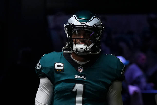 Jalen Hurts of the Philadelphia Eagles walks onto the field prior to the game against the Jacksonville Jaguars at Lincoln Financial Field on October...