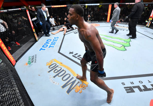 Jamahal Hill reacts after his knockout victory over Johnny Walker of Brazil in their light heavyweight fight during the UFC Fight Night event at UFC...