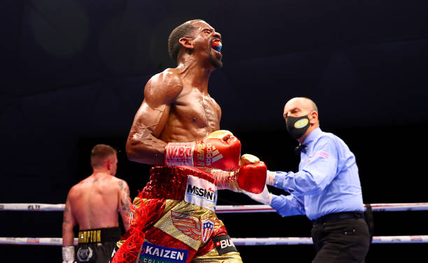 Jamel Herring of the USA celebrates victory during the WBO World Super Featherweight Title Fight between Jamel Herring and Carl Frampton at The...