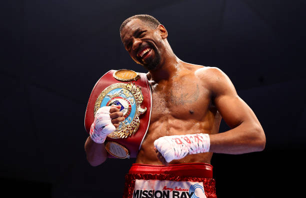 Jamel Herring of the USA celebrates victory with the WBO World Super Featherweight belt after the WBO World Super Featherweight Title Fight between...