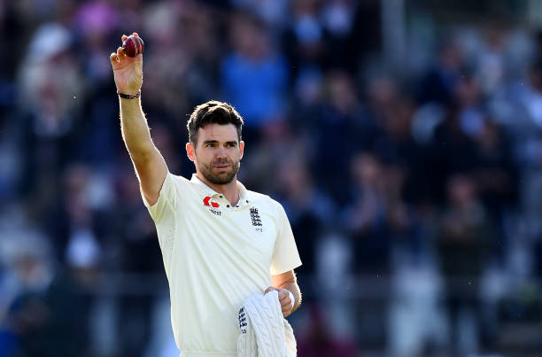 James Anderson of England celebrates after taking the wicket of Kraigg Braithwaite of the West Indies his 500th test wicket during day two of the 3rd...
