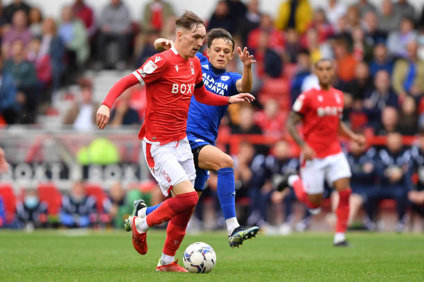 James Garner of Nottingham Forest battles with Perry Ng of Cardiff City during the Sky Bet Championship match between Nottingham Forest and Cardiff...