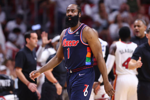 James Harden of the Philadelphia 76ers reacts against the Miami Heat during the first half in Game Five of the Eastern Conference Semifinals at FTX...