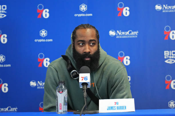 James Harden of the Philadelphia 76ers speaks to the media during a press conference on February 15, 2022 at Philadelphia 76ers Training Complex in...