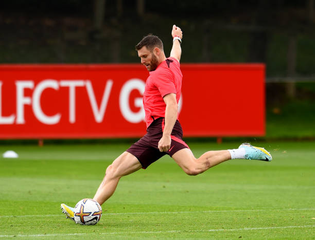 James Milner of Liverpool during a training session at AXA Training Centre on August 04, 2022 in Kirkby, England.