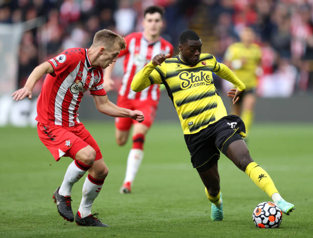 James Ward-Prowse of Southampton battles for possession with Ken Sema of Watford FC during the Premier League match between Watford and Southampton...