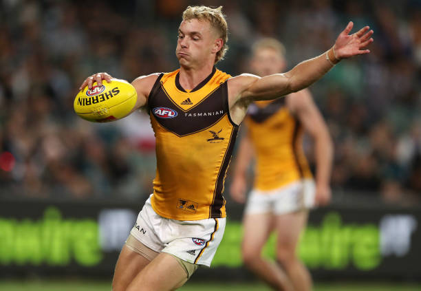 James Worpel of the Hawks during the 2022 AFL Round 02 match between the Port Adelaide Power and the Hawthorn Hawks at Adelaide Oval on March 26,...