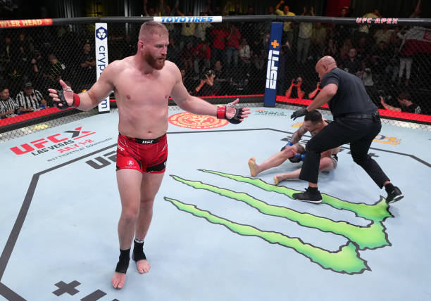 Jan Blachowicz of Poland reacts after his TKO victory over Aleksandar Rakic of Austria in a light heavyweight fight during the UFC Fight Night event...