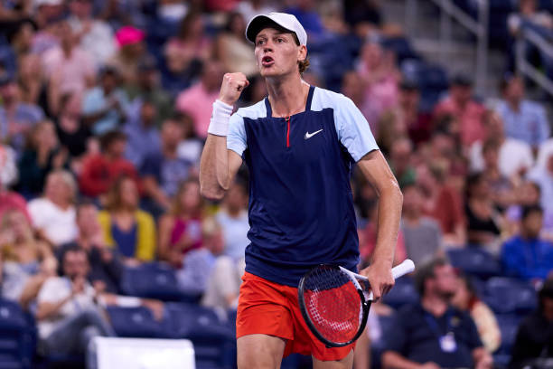Jannik Sinner of Italy reacts against Brandon Nakashima of the United States during their Men's Singles Third Round match on Day Six of the 2022 US...