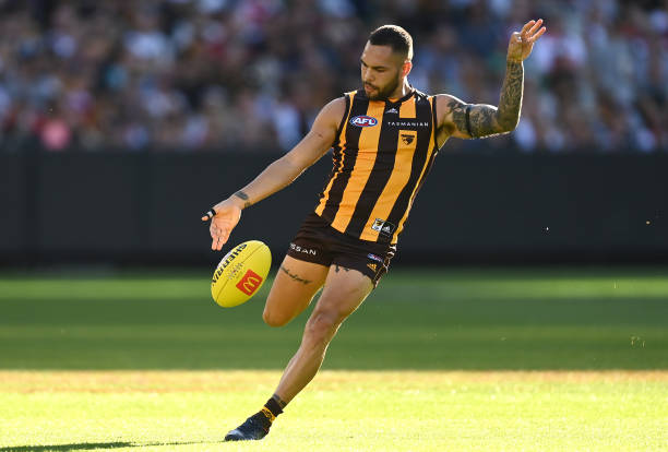 Jarman Impey of the Hawks kicks during the round four AFL match between the Hawthorn Hawks and the St Kilda Saints at Melbourne Cricket Ground on...