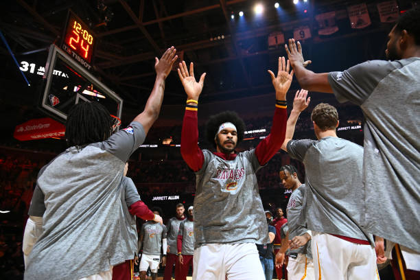 Jarrett Allen of the Cleveland Cavaliers celebrates with teammates during player introductions prior to the game against the Toronto Raptors at...