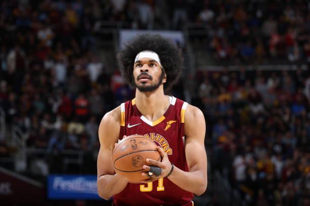 Jarrett Allen of the Cleveland Cavaliers prepares to shoot a free throw during the game against the Atlanta Hawks during the 2022 Play-In Tournament...