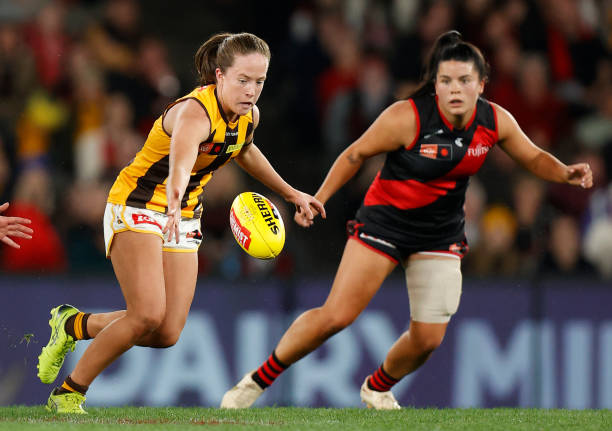 Jasmine Fleming of the Hawks in action during the 2022 S7 AFLW Round 01 match between the Essendon Bombers and the Hawthorn Hawks at Marvel Stadium...