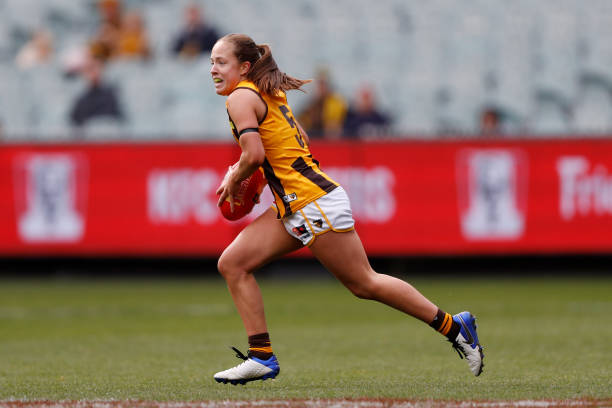 Jasmine Fleming of the Hawks looks on during the 2022 AFLW practice match between the Richmond Tigers and the Hawthorn Hawks at the Melbourne Cricket...