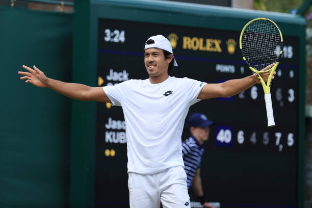 Jason Kubler celebrates victory over Jack Sock in their Gentlemen's Singles 3rd Round match during day six of The Championships Wimbledon 2022 at All...