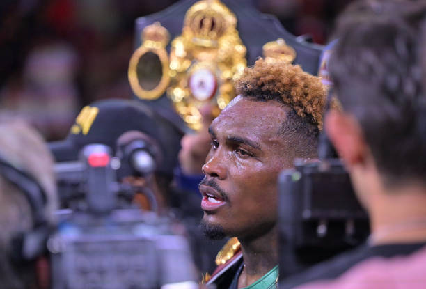 Jermell Charlo celebrates in the ring after defeating Brian Castano in their super middleweight title fight at Dignity Health Sports Park on May 14,...